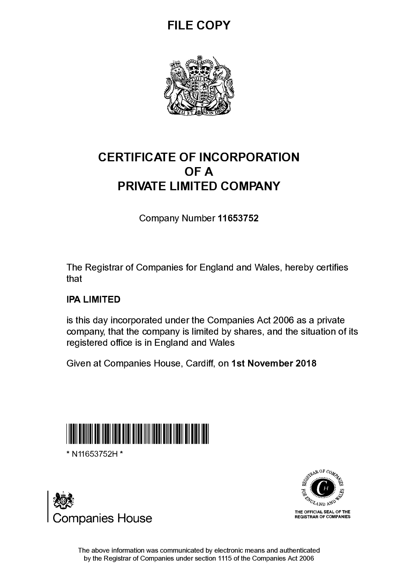 IPA LIMITED Certificate of Incorporation, Companies House